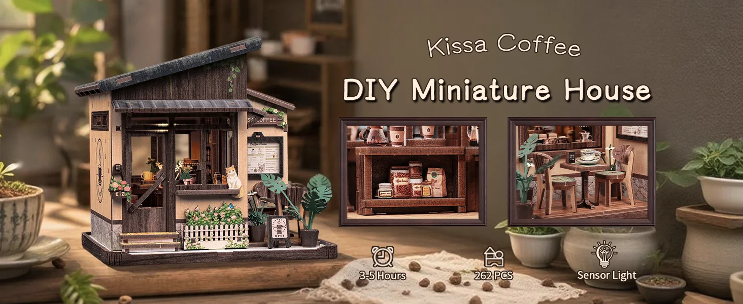 CUTEBEE Kissa Coffee Book Nook Kit 3D Wooden Puzzle Dollhouse with LED Light DIY Miniature House Model