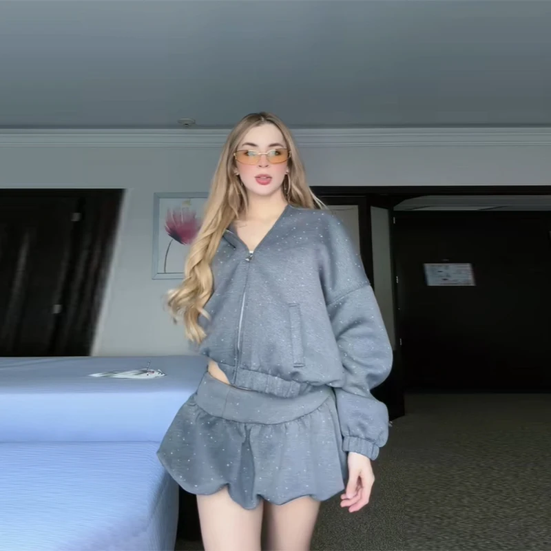 العصرية حجر الراين سستة هوديس راجلان كم مقنعين البلوز نفخة برعم تنورة المرأة عادية قطعتين مجموعة 2025 جديد سيدة الدعاوى #5