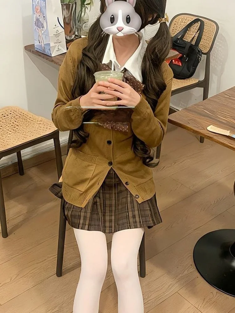 

Caramel Knitted Cardigan Long Sve School orm Set Autumn Winter Faion Outerwear Skirt Knot Decorated Polyester