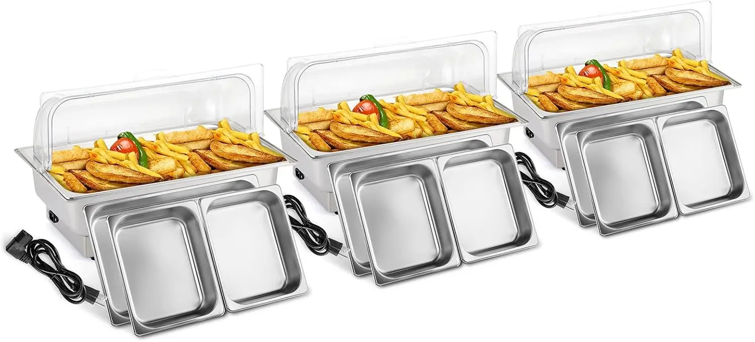 

ROVSUN 3 Pack Electric 9 QT Stainless Steel Chafing Dish Buffet Set, NSF Roll Top Catering Chafer Server Food Warmer with Full