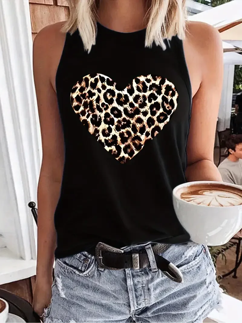 Leopard Heart  Design Printed Vest T-shirt Graphic Print Tank Top Women’s Sleeveless Crew Neck Casual Top for Summer Spring
