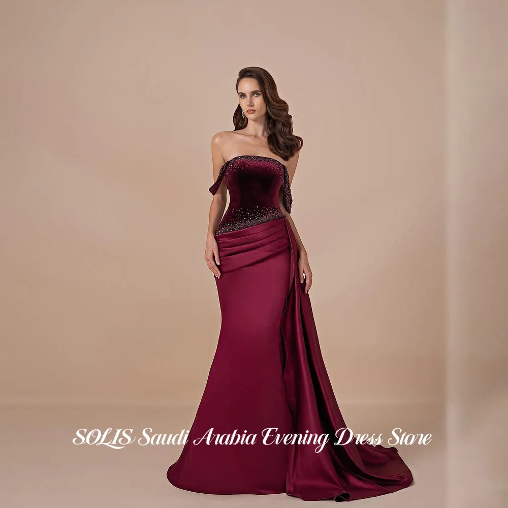 

SOLIS Burgundy Party Dress Off the Shoulder Evening Dresses Beading On Chest فساتين السهرة for Wedding Customized