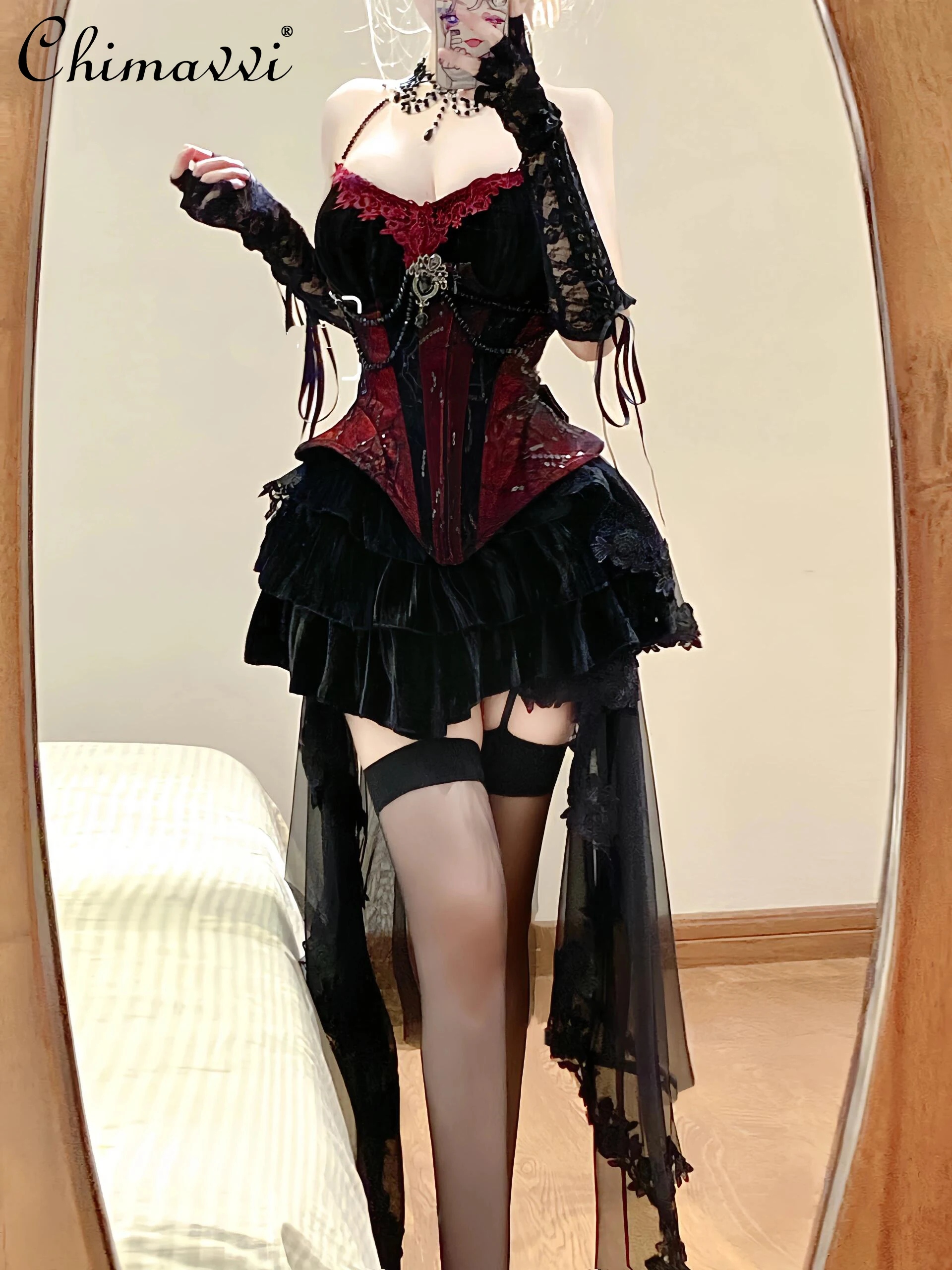 Dark Girls Skirt Sets New 2024 Autumn Gothic Style Sexy Lady Waist Neck Suspender Top Skirt Lolita Elegant Two-piece Set