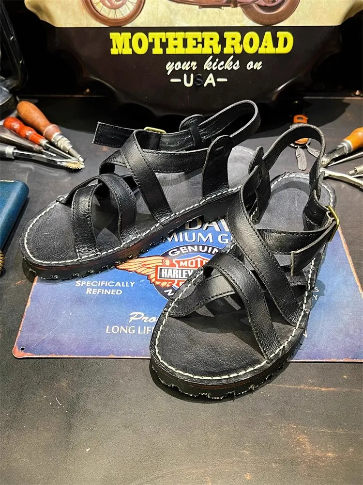 Spring Autumn British Retro Style Cowhide Mens Sandals Daily Casual Outerwear Breathable Open Toe Solid Color Buckle Beach Shoes