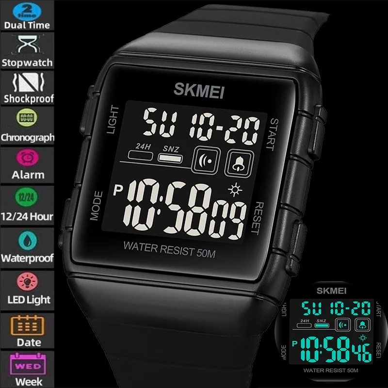 

Skmei военные спортивные часы для мужчин с двумя часовыми поясами, светодиодный водонепроницаемый хронограф, модный силиконовый ремешок, 12, 24-часовой будильник