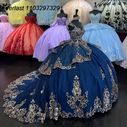 EVLAST Customized Navy Blue Quinceanera Dress Ball Gown Gold Lace Applique Beading Corset Sweet 16 Vestidos De 15 Anos TQD758