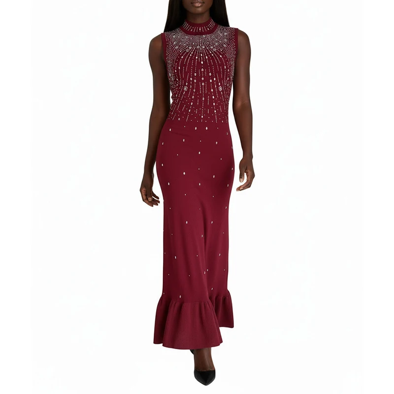 

Винтажное вечернее платье макси для повседневной носки с декором из страз, без рукавов, приталенное, элегантное, с круглым вырезом, завышенной талией и драпировкой