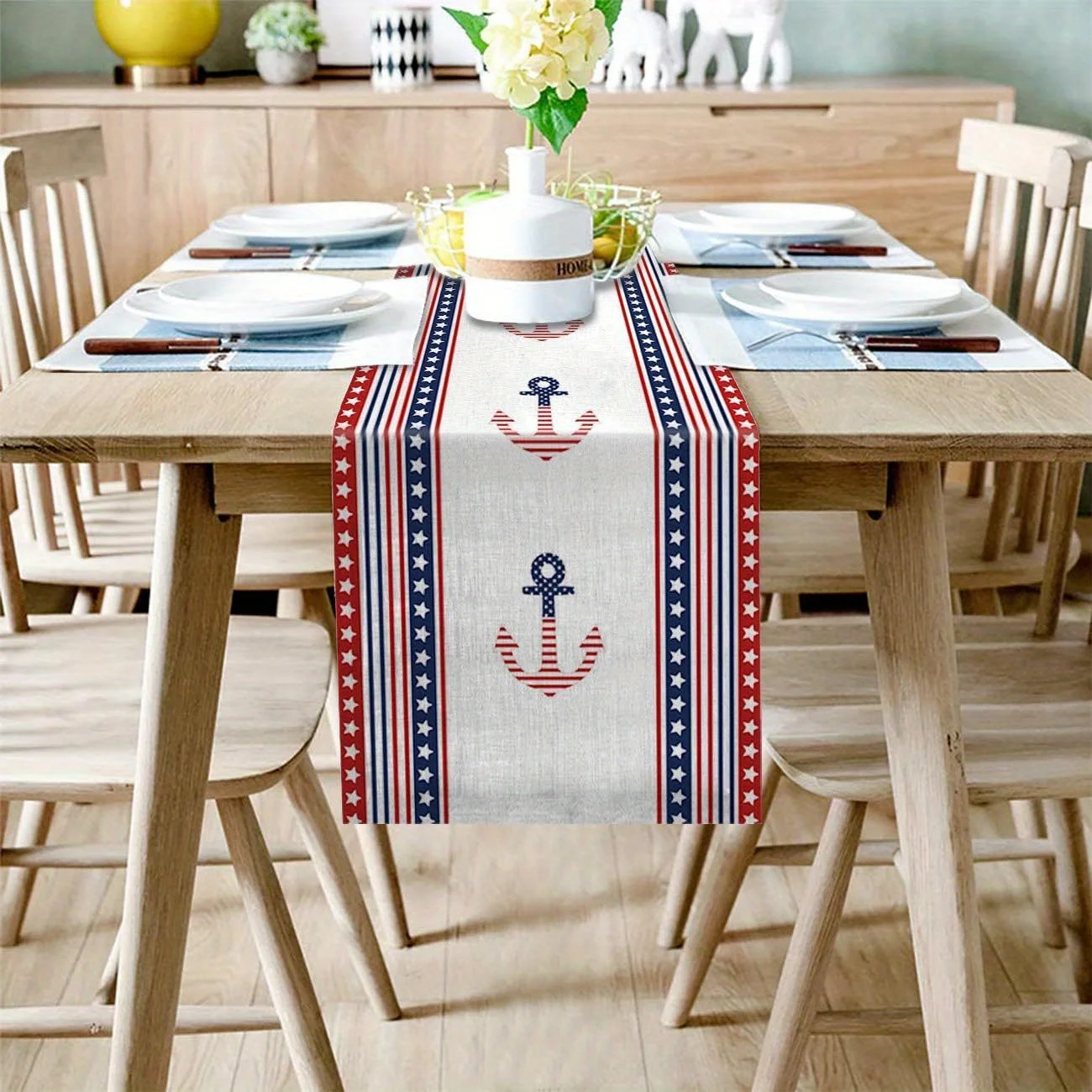 1Pc Multi-Size Linen Independence Day Table Flag, Star Anchor Decor, Red Blue Farmhouse Style for Kitchen Dining Party