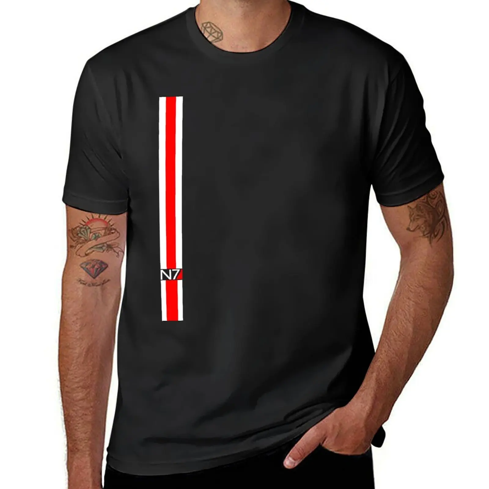 N7 w/ White & Red Stripe T-Shirt Aesthetic clothing plus size tops plain oversizeds mens white t shirts