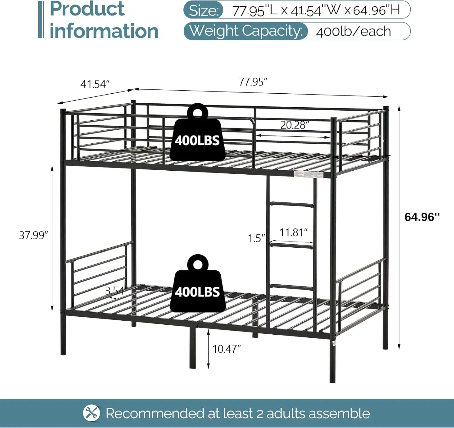 Twin Over Twin for Kids/Teens/Adults Heavy Duty Bunk Bed with Flat Ladder and 13 inches High Guardrail, Metal Bu