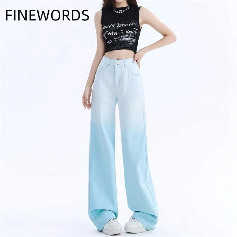 

FINEWORDS Vintage Wide Leg Gradient Baggy Jeans Women Streetwear Harajuku Korean Jeans High Waist Full Length Casual Denim Pants