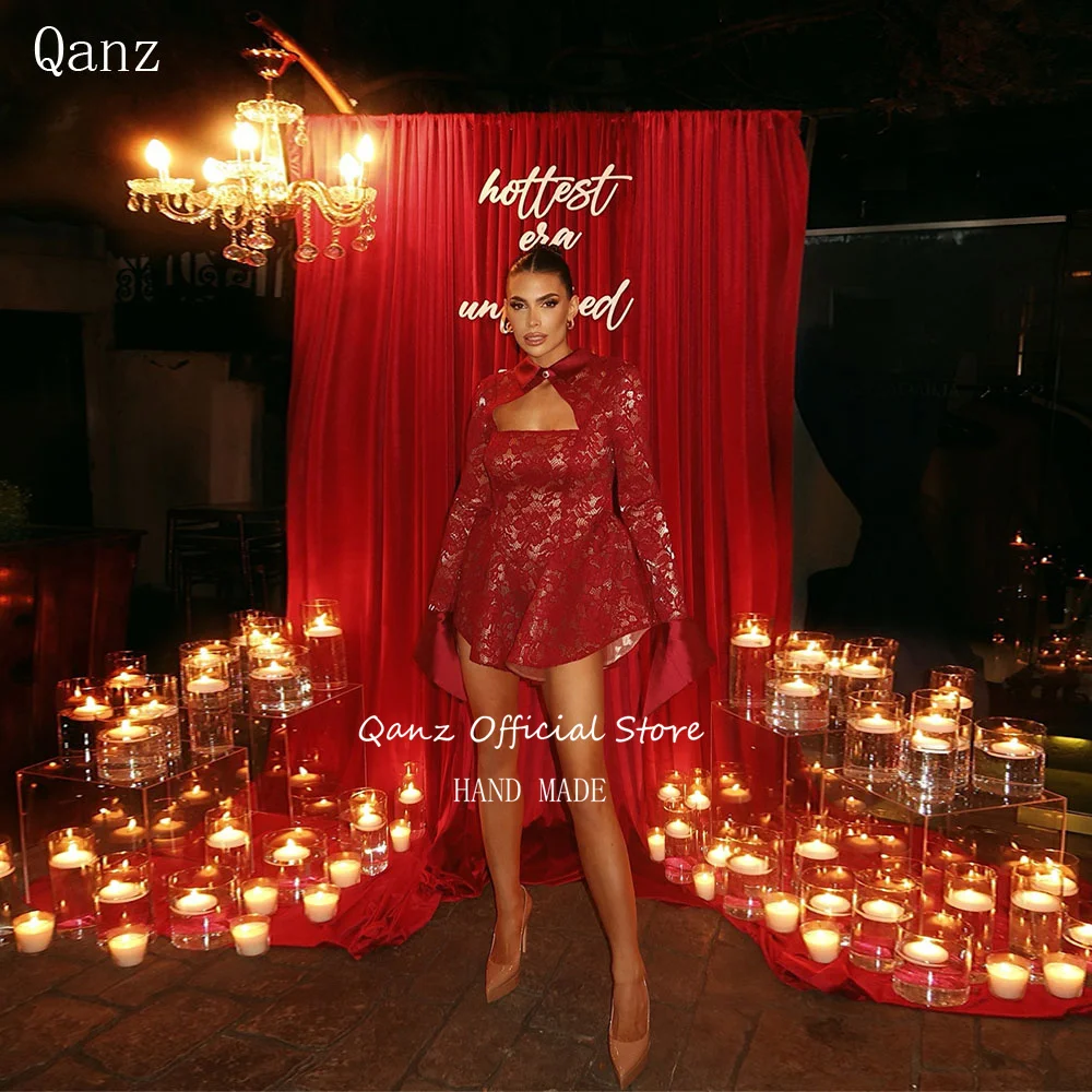 Qanz Sexy Mini Prom Dresses Red Full Lace With Jacket Birthday Dress Luxury Long Sleeves Backless Party Gowns Woman Customized