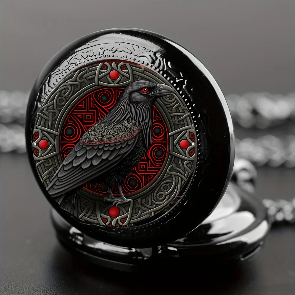 Vintage-Style Clever Crow Exquisite Pocket Watch - Quartz Movement, Round Dial, Unique Black Necklace Souvenir Gift For Children