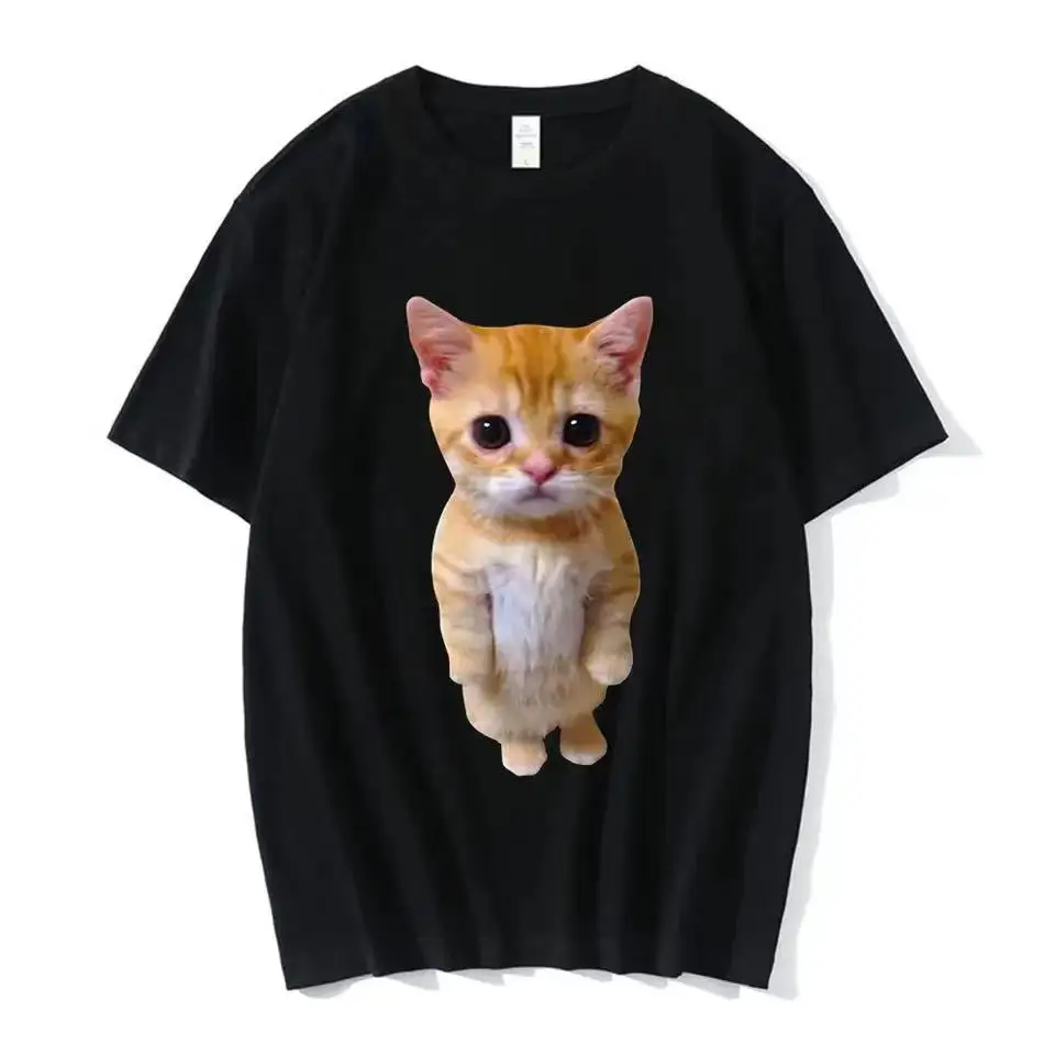 Camiseta con estampado de El Gato Meme Sad, camisa de manga corta con estampado de Gato Munchkin Kitty Meme, ropa de calle de gran tamaño a la moda, 80099
