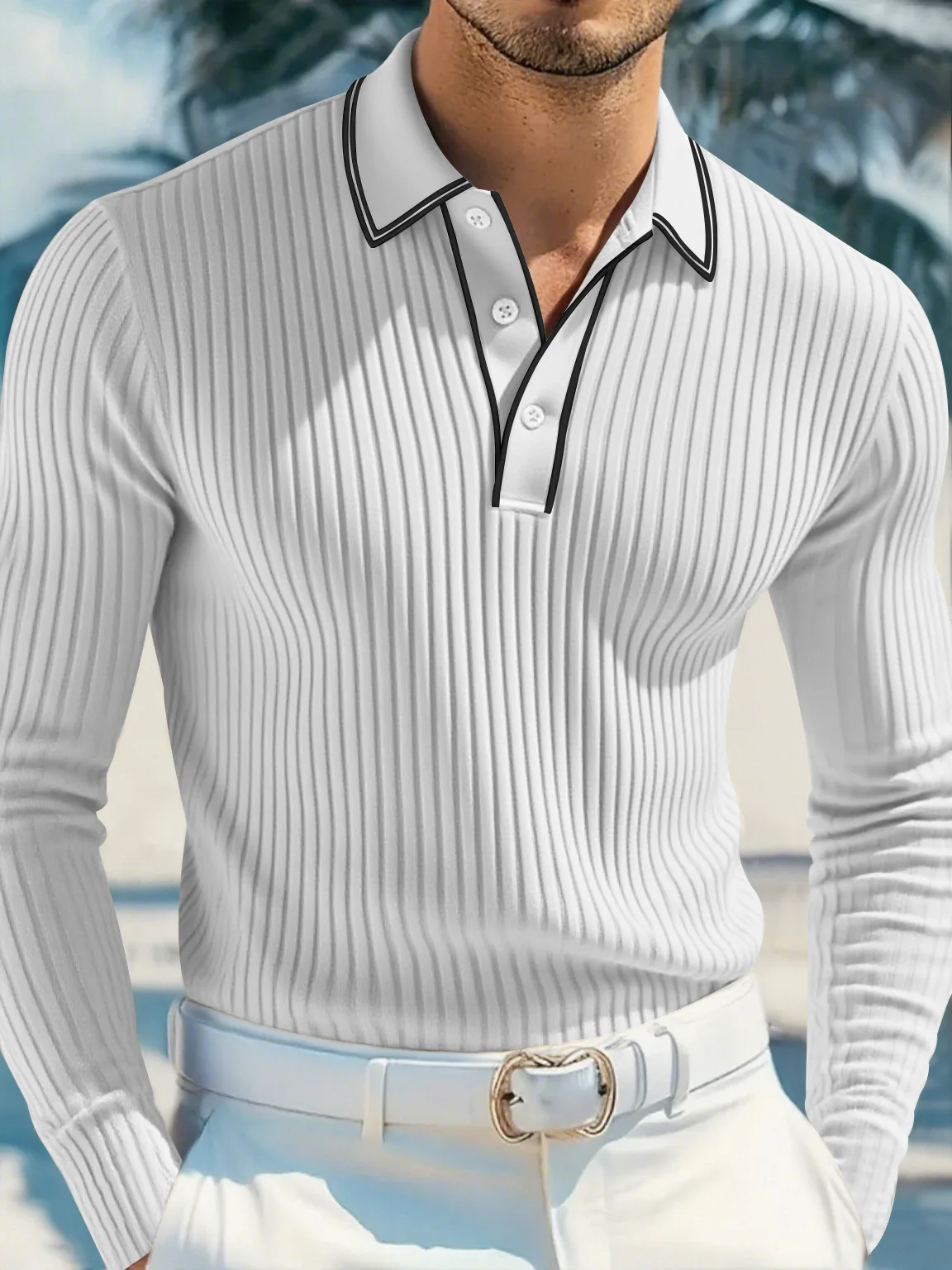 

New spring and summer men's soft and breathable stretch-fit slimming and soft comfortable collar-buttoned design long-sleeve pol