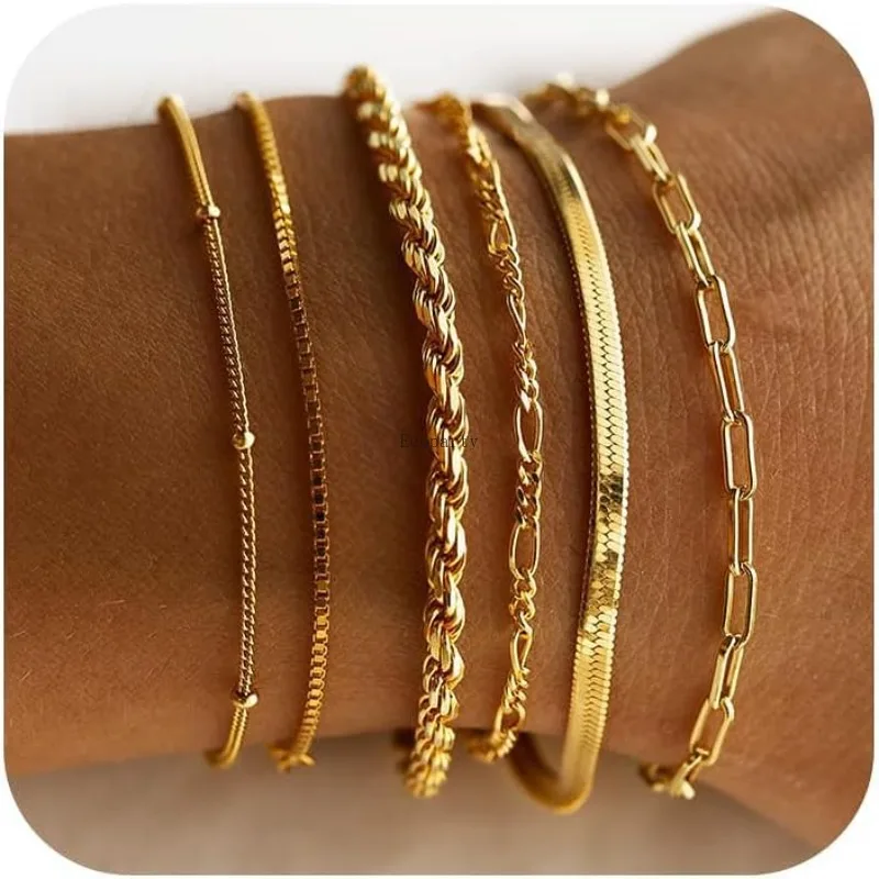 Bohemian Minimalist Metal Chain Women's Set of 6 Multi-layer Chain Simple Fashionable Bracelets Wedding Jewelry Birthday Gifts