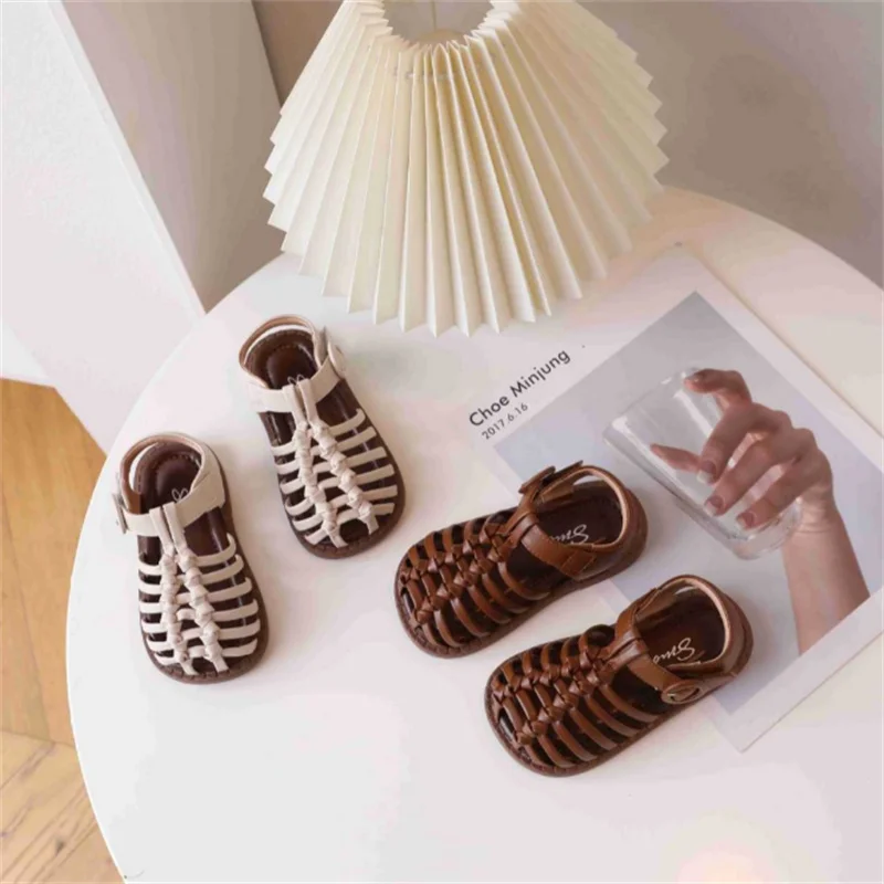 New Summer Children Sandals For Girls Leather Woven Roman shoes Soft Sole Fashion Toddler Kids Sandals Beach EU 22-30