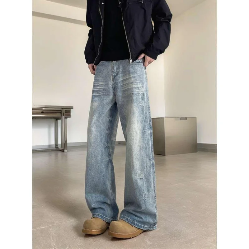 

TANGZ Studio American Retro Light Blue Men's Jeans High Street Vibe Loose Wear Wide Leg Pants Straight Cut Casual Faion