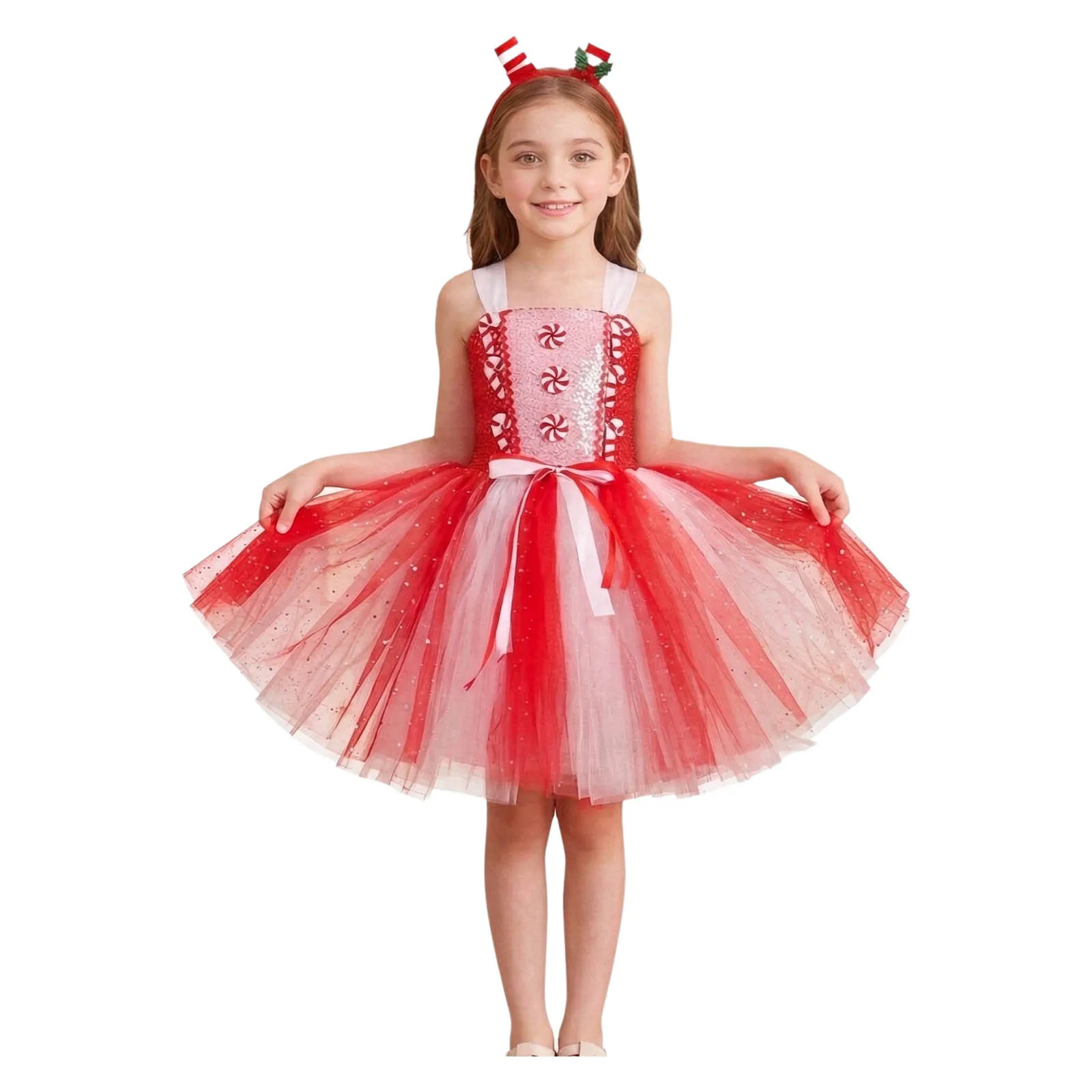 Kids Girls Christmas Candy Cane Dress Party Clothes Sleeveless Mesh Sequin Bodice Color-blocked Tulle Dress with Headwear Outfit
