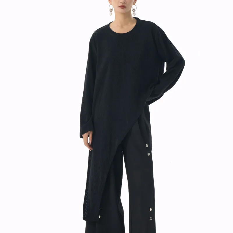 HKSH Primavera Autunno Nuove Donne Magliette e camicette Design Asimmetrico Colletto Rotondo Maniche Lunghe Twill Split Chic Alla Moda Elegante Casual HK16077