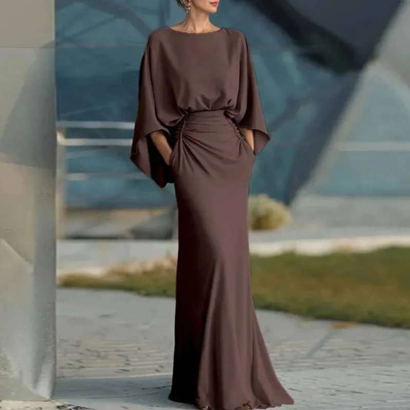 Womens Sexy Backless Hollow Bohemian Dress Spring Elegant O Neck High Waist Long Dress Summer Batwing Sleeve Slim Straight Dress