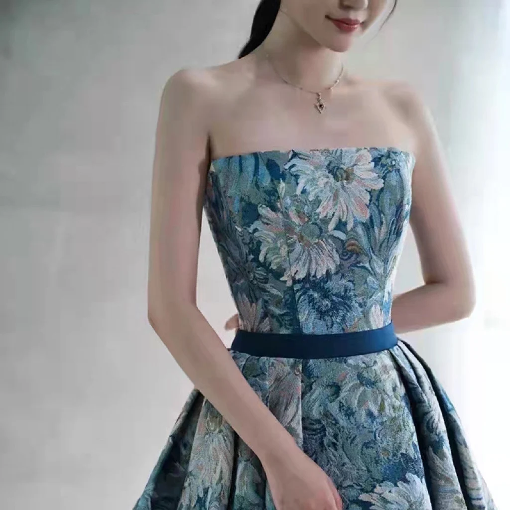 Elegant Flower Evening Dress For Women Blue Green Strapless A-line Pleat Detachable Sleeve Belt Banquet Party Formal Prom Gowns