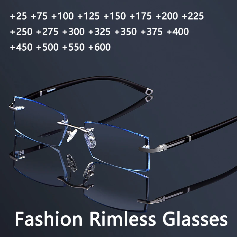 

Hot Sale Fashion Anti Blue Light Reading Glasses Men Rimless Square Reader Glasses for Women Exquisite TR90 Temple +0 75 175 225