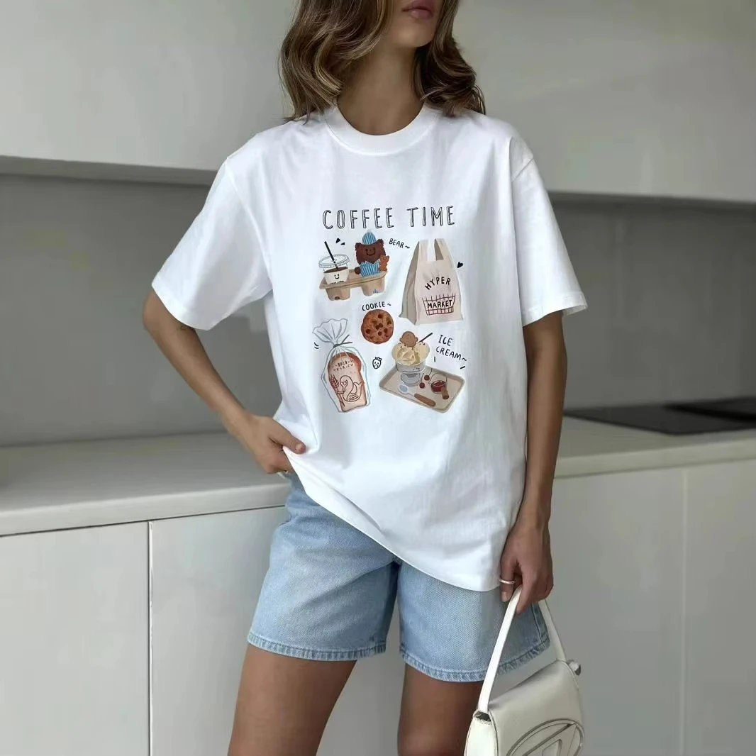 

Coffee Time Sweet Dessert Print American Y2k Tshirts Women Cotton O-neck Short Sleeve Casual Tshirts White Summer New Tees 2025