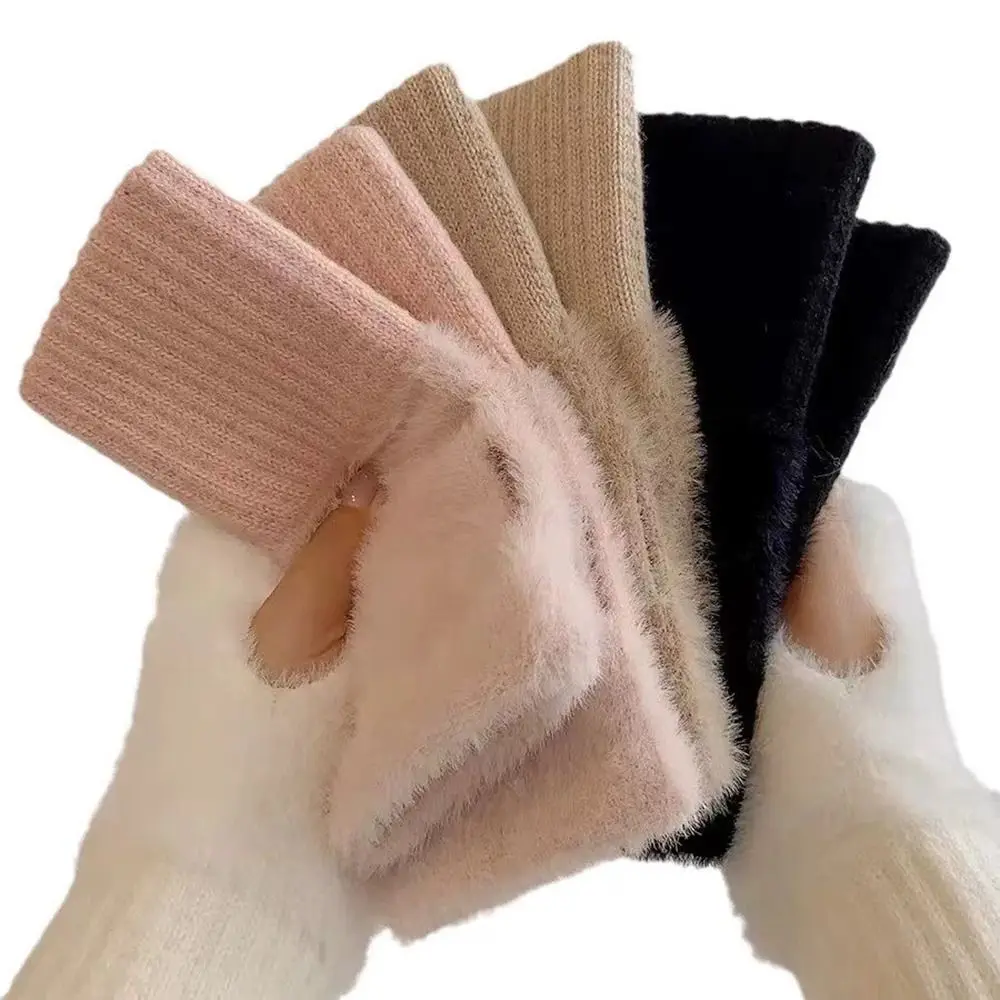 Luxury Soft Half Finger Gloves Solid Colors Fleece Fingerless Gloves Wrist Mittens Autumn Winter