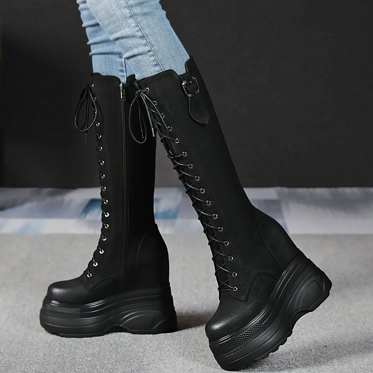 Winter Plus Size Shoes Women Lace Up Genuine Leather Wedges High Heel Snow Boots Female Thigh High Platform Pumps Big Size Shoes