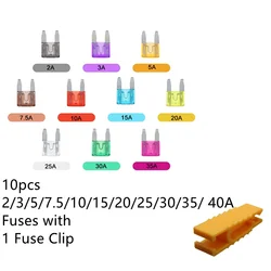 10pcs Small Mini Car Blade Fuses Assortment Set Zinc Auto Fuse Electric Fuse with clip 2A 3A 5A 7.5A 10A 15A 20A 25A 30A 35A 40A