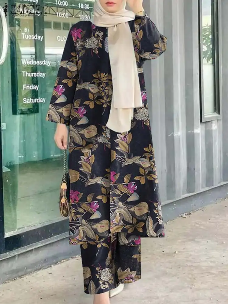 ZANZEA Vintage kobiety z długim rękawem bluzka Pant zestawy 2 sztuk Floral wydrukowano luźne Outifits Retro spodnie na codzień garnitur muzułmańskie