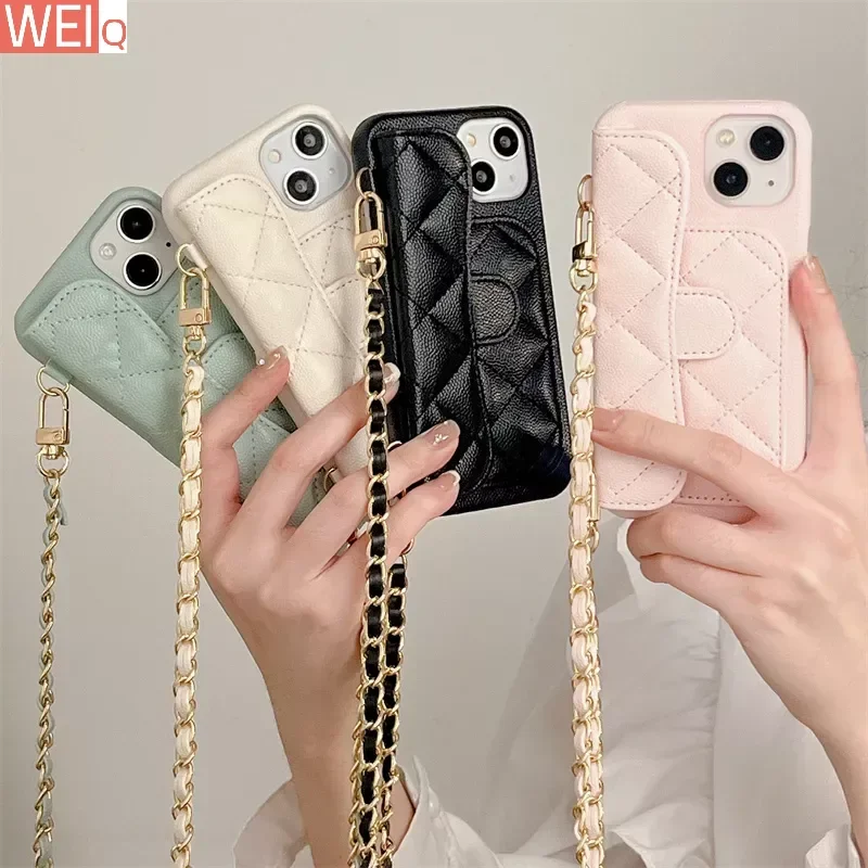 Luxury Leather Crossbody Chain Lanyard 16plus 15plus 14plus Phone Case For iPhone 16pro 15Pro 12 13 14 pro 15 16 promax Card Bag