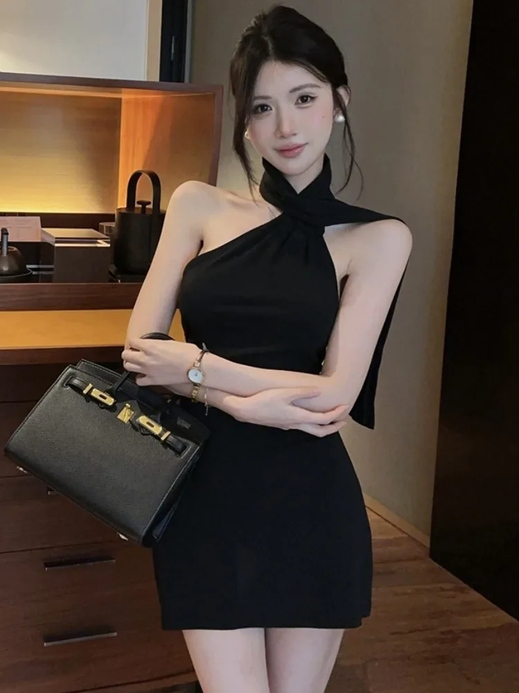 

Sexy Hanging Neck Backless Sleeveless Little Black Dress Spicy Base Layer Dress Hollow out Slimming Bodycon Dress