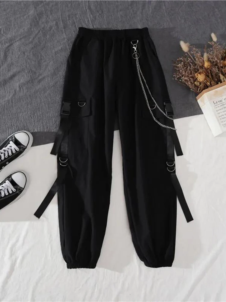 New Women Streetwear Two-piece Suit Splice Chain Long Sleeve+Ribbon Chain Pants Harajuku Cargo Pants 2 Piece Sets Womens Outfits