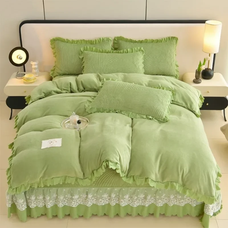 2024 popular solid color Korean version milk velvet lace bed cover bed skirt three-piece set four-piece set single quilt cover