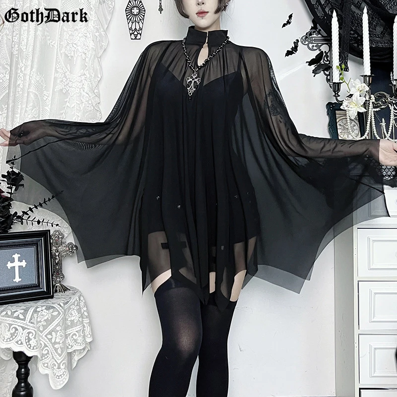 

Goth Dark Mesh Sheer Batwing See Through 2 Piece Sets Backless Bodysuit and Cloak Suits Women Gothic Halloween Cosplay Mall Goth