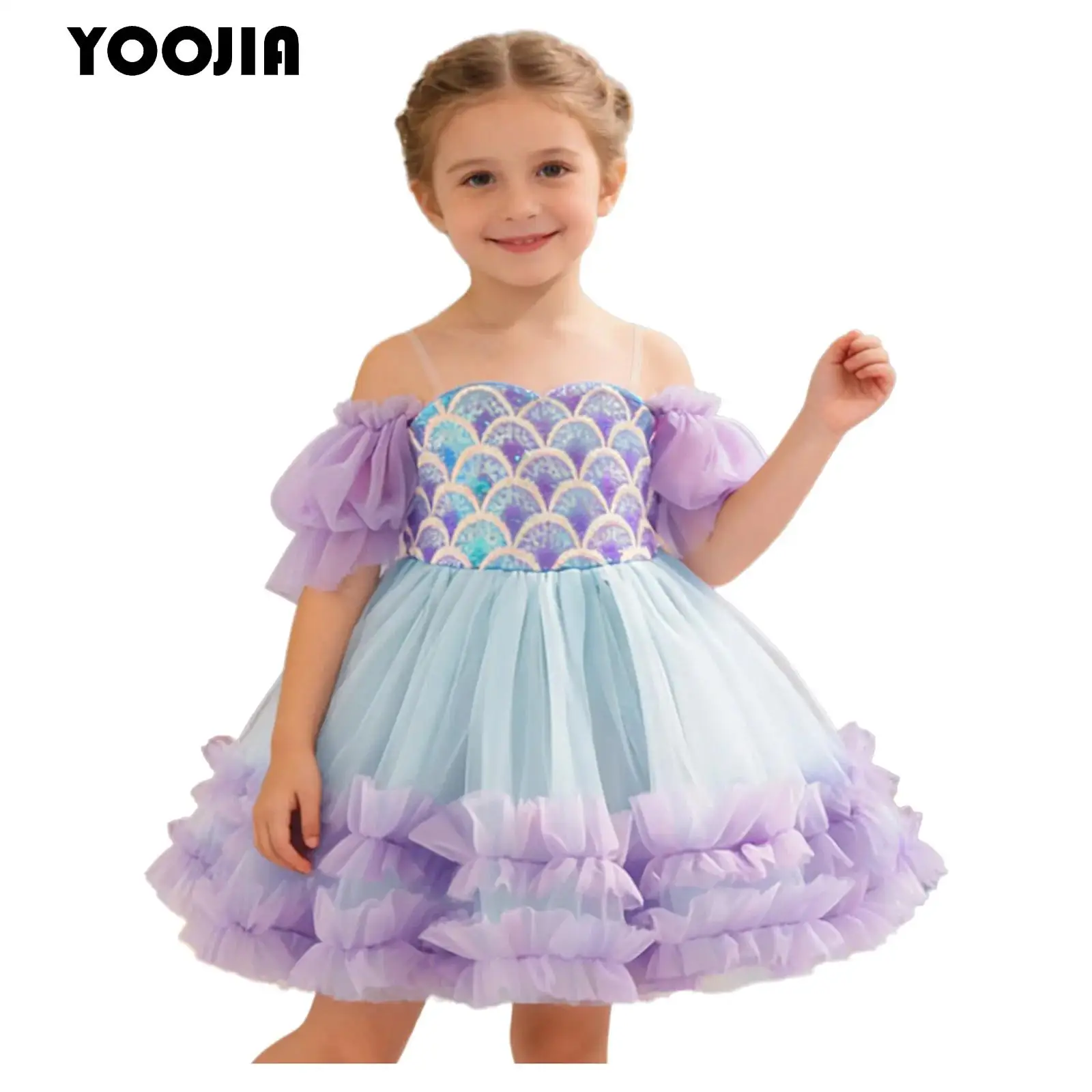 

Girls Fish Scale Sequins Birthday Party Dress Halloween Mermaid Cosplay Costume Off Shoulder Puff-sleeve Princess Tutu Dresses