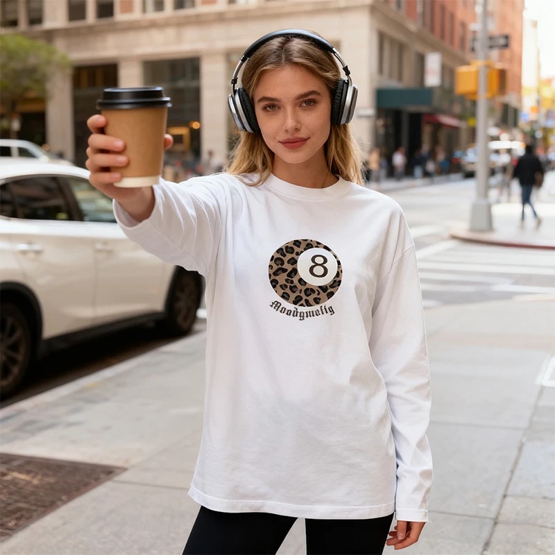 Leopard billiards Print T-shirt Women Men 2025 Autumn New 100%Cotton White Long Sleeves Oversize T-shirt Y2k Top Ladies clothing