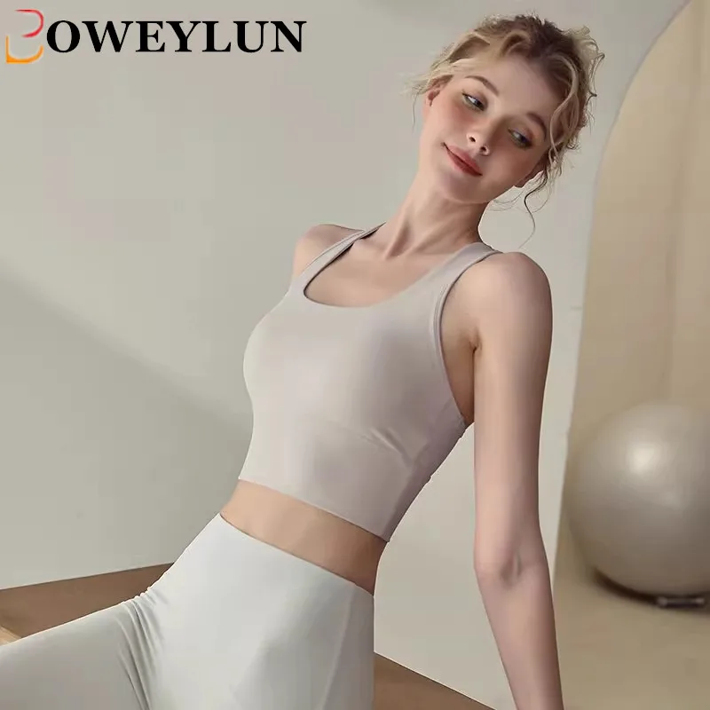 

BOWEYLUN Sexy American Style Sports Underwear Women Removable Bra Pads Yoga Tank Top Running Shockproof Gathering Bra Female