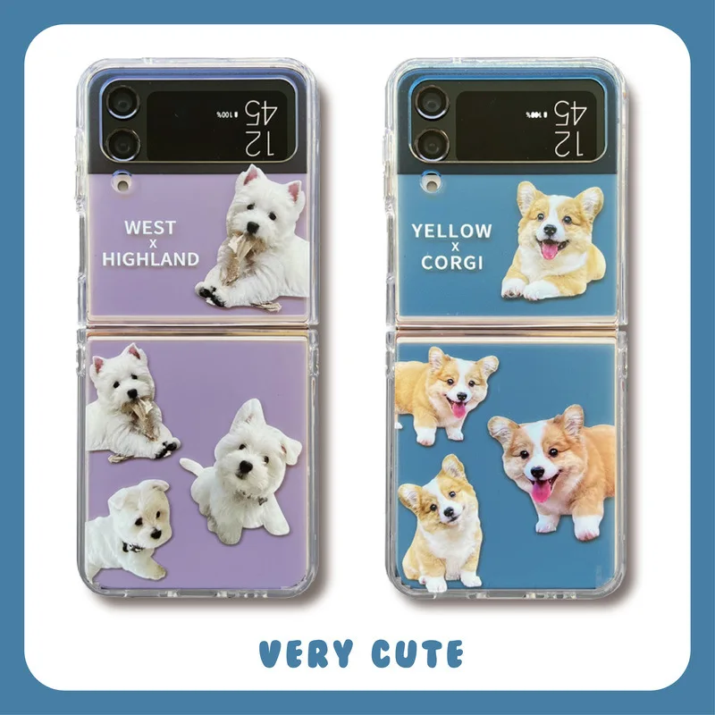 Милый чехол для телефона Corgi Highland Dog для Samsung Galaxy Z Flip 4 3, жесткий чехол для ZFlip3 Zflip4 Flip5, твердый кронштейн