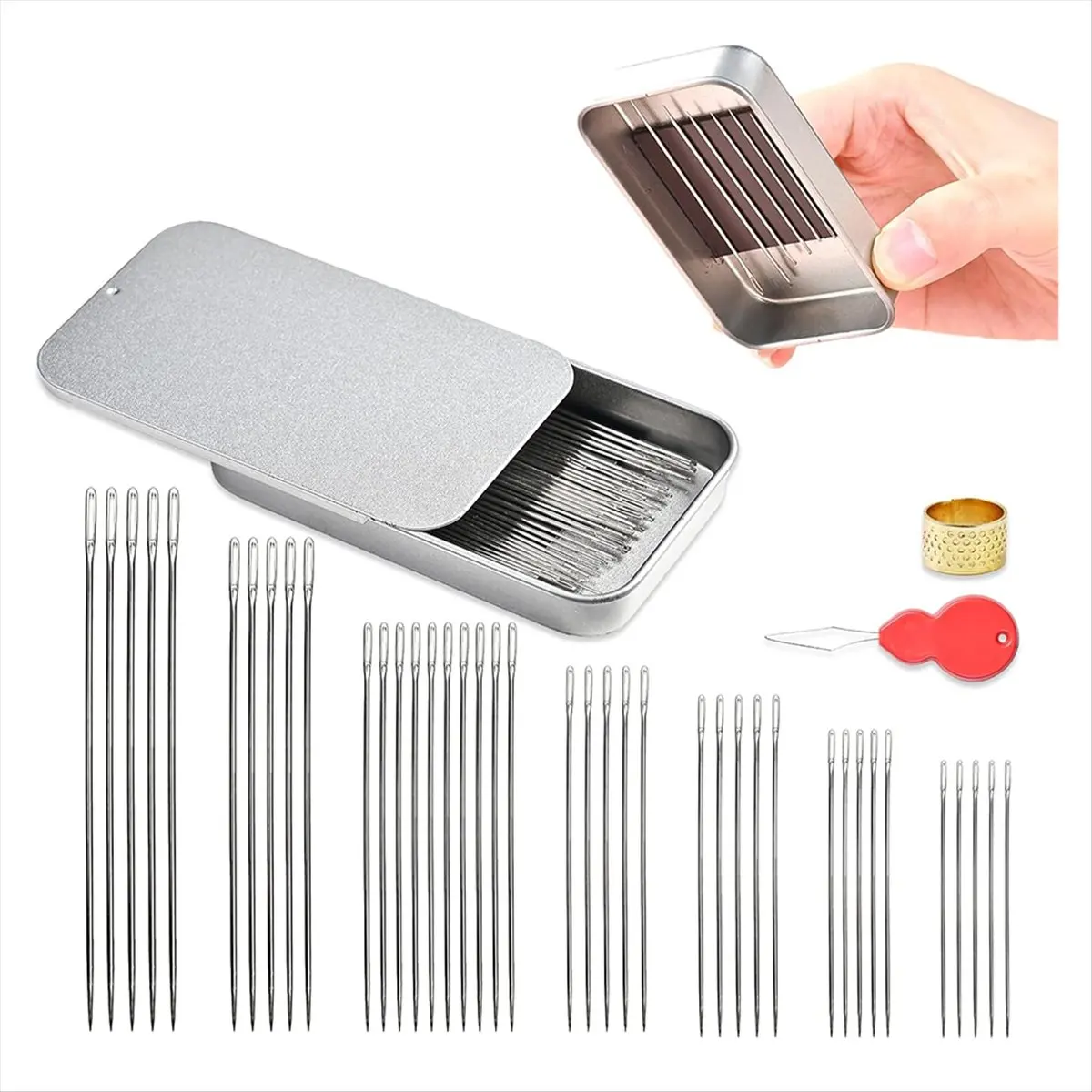A20I 40PCS Sewing Needles Set, 7 Sizes Stainless Steel, with Threader & Magnetic Pin Cushion, for Embroidery & Crafts