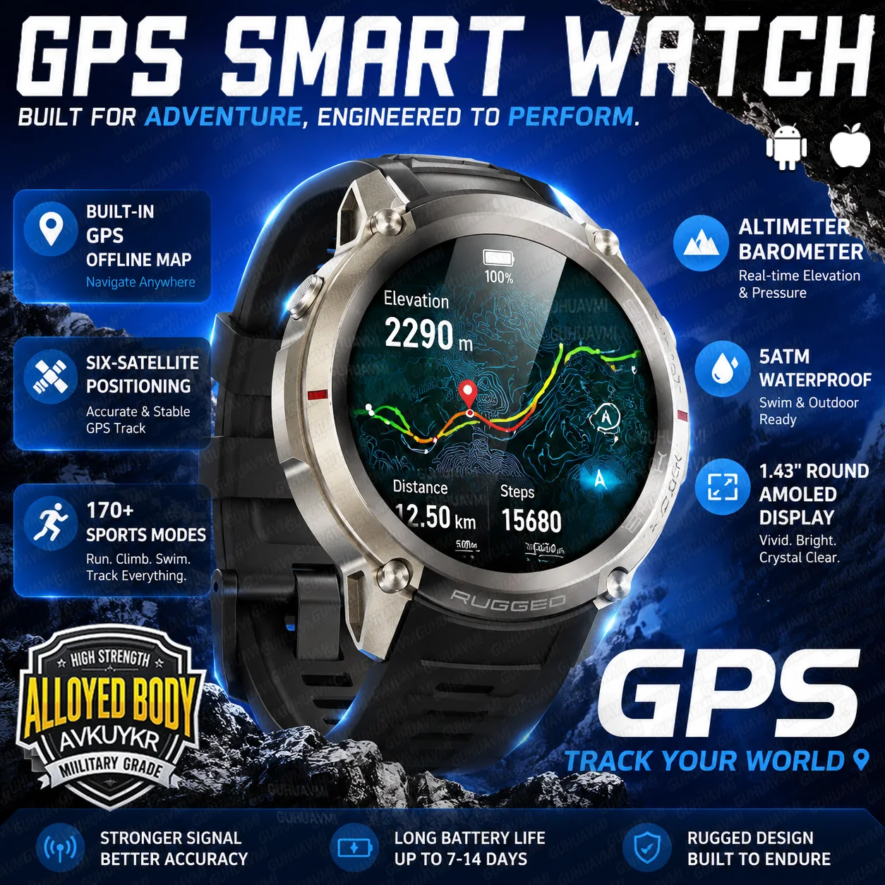 Nouvelle montre connectée sportive de qualité militaire pour hommes, GPS, carte hors ligne, positionnement 6 étoiles, 170+ modes sportifs, boussole, étanche, résistance aux chutes