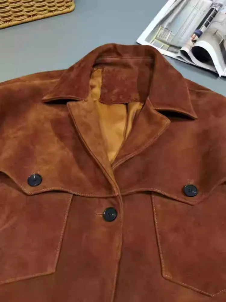 Jaket kulit domba asli wanita, jaket kulit asli Suede longgar kerah sebaris, mantel kasual Vintage musim semi musim gugur