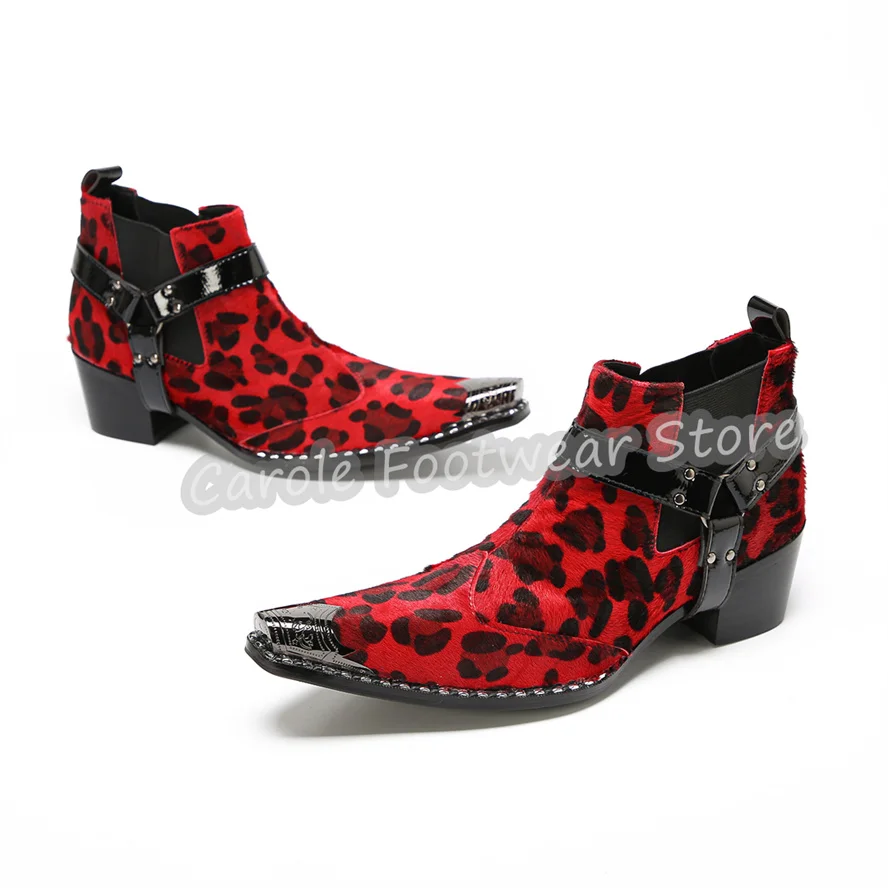 Leopard Prints Genuine Leather Male Chelsea Boots Metal Square Toe Chunky Heel Belt Buckle Short Boots Men's Formal Dress Shoes