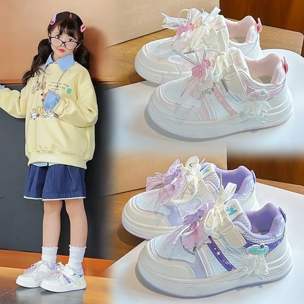 

Легкие спортивные кроссовки для девочек, повседневные кеды в стиле принцесса, нескользящие, с мягкой подошвой, для малышей и школьниц, модные теннисные туфли для девочек