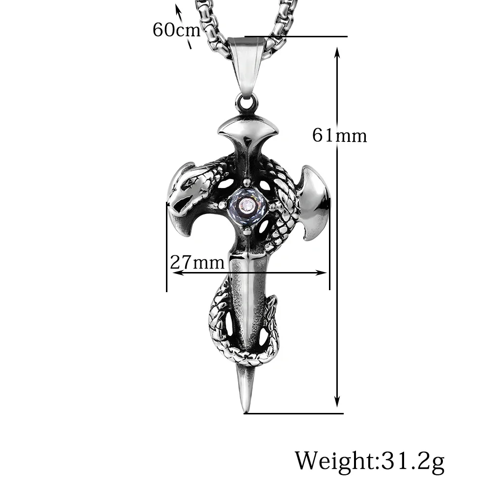 Stainless Steel Zirconia Gothic Dragon Dagger Sword Men's Pendant Necklace Hiphop/Rock Style Charm Jewelry