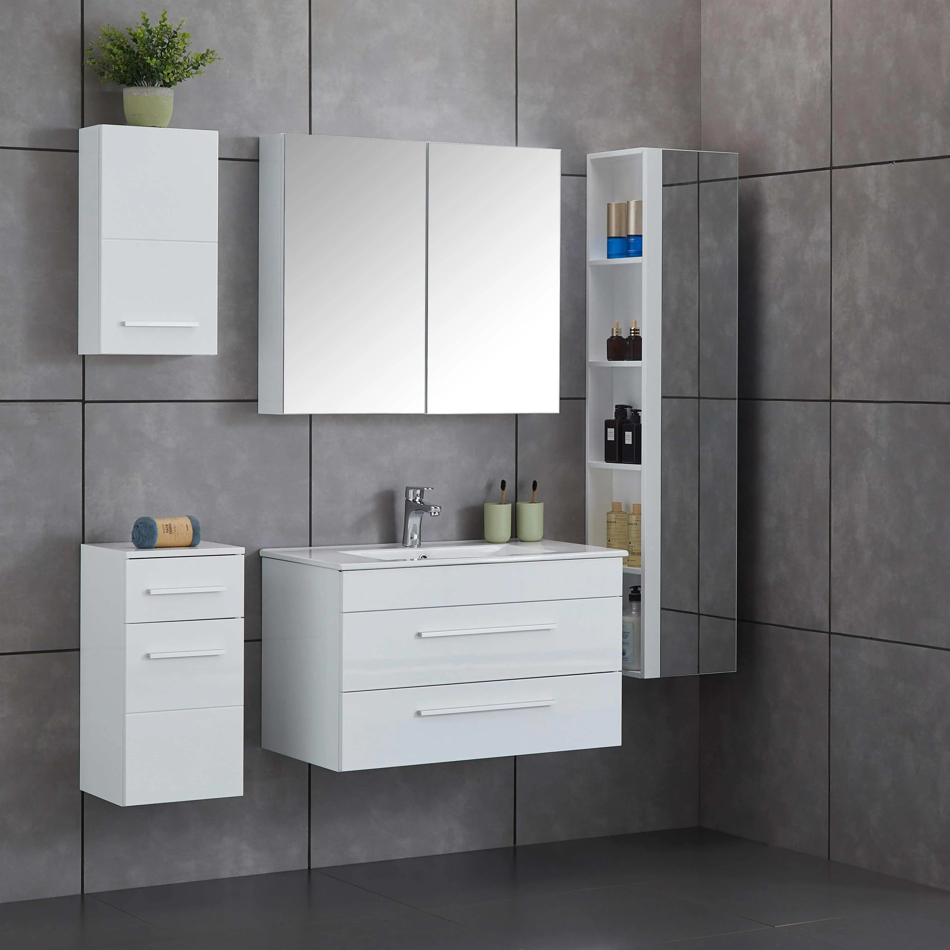 Matte White 800mm 2-Drawer Modern Wall Hung Hotel Use Eco-Friendly Durable Bathroom Vanity Cabinet Ceramic Basin Mirror PVC/MDFp