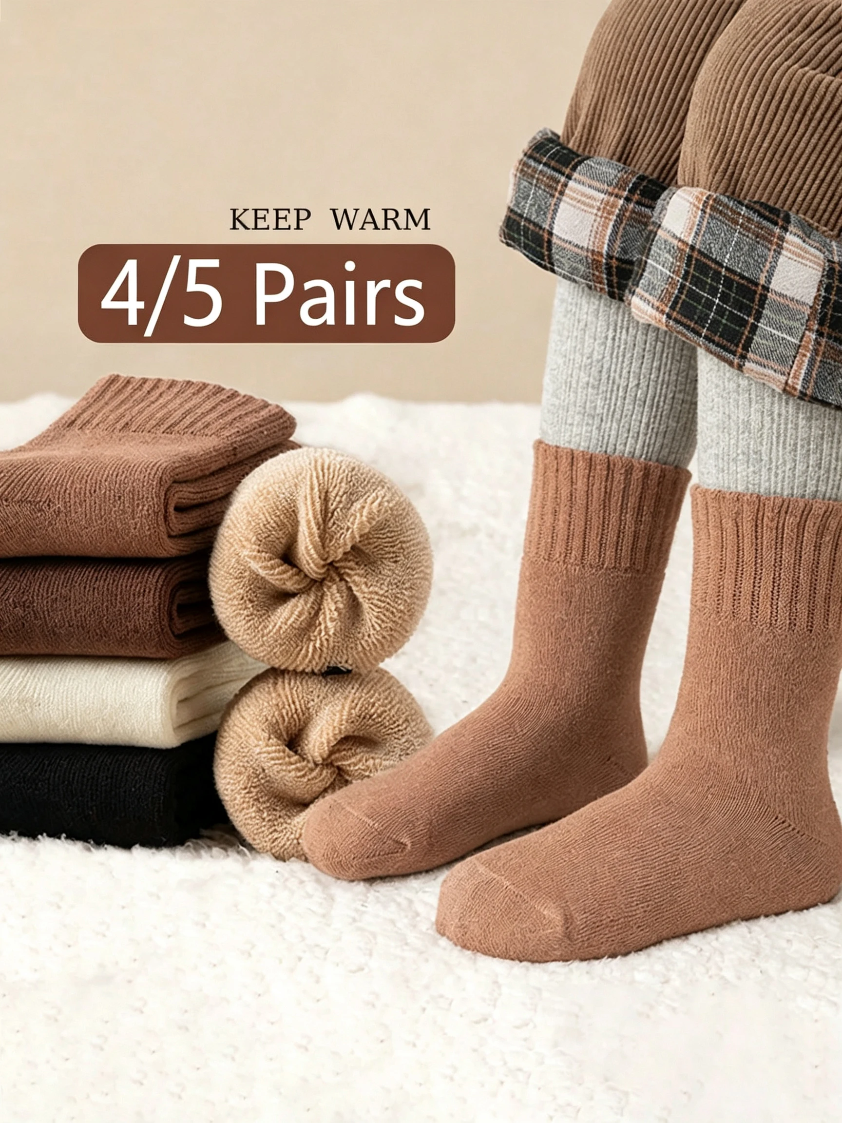 4/5 Pairs Unisex Kids Terry Crew Socks Soft Thermal Mid‑Calf Hosiery Versatile Daily Socks for Boys Girls Autumn Winter Outfits
