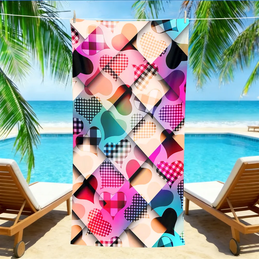 Plaid Heart Argyle Beach Towel – Oversized Quick Dry Sand Free with Gradient Color Print